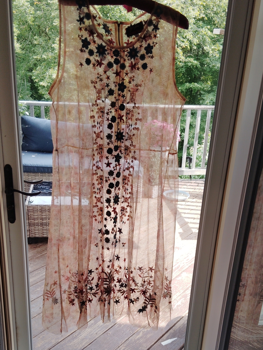 Johnny Was Peachy Pink Sheer Floral Maxi Dress with Turquoise Embroidery XL